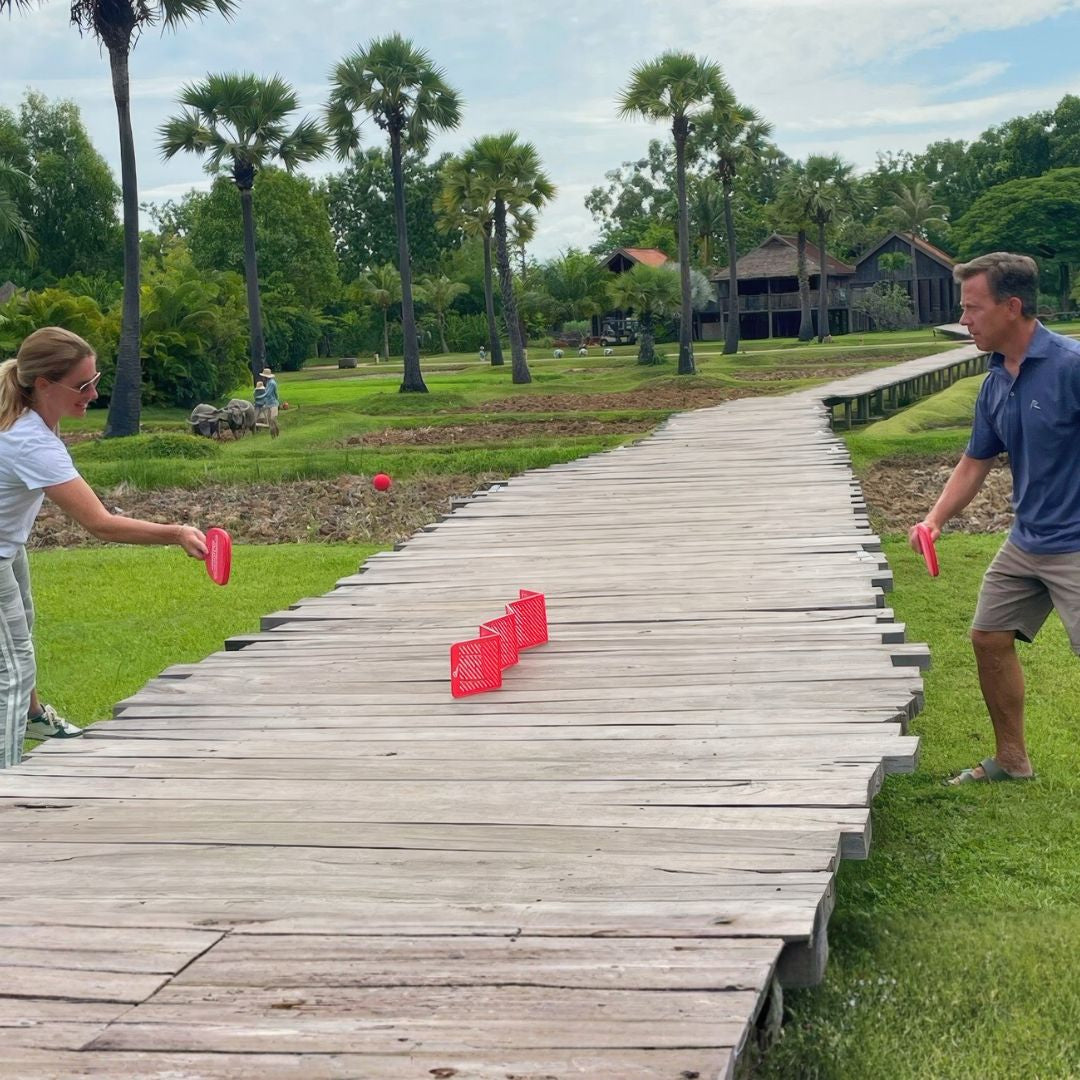 playing pepper pong in rice field on pathway